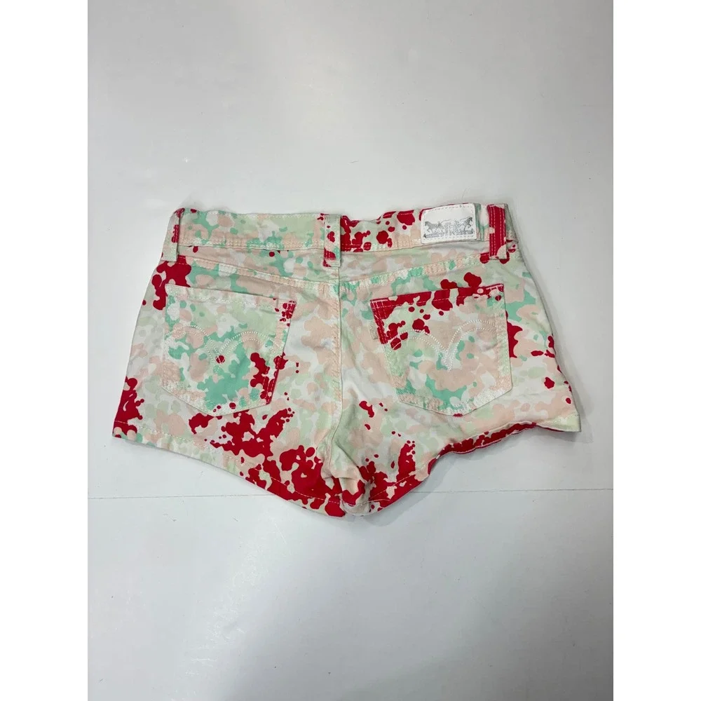 Levis Womens Paint Splatter Camo‎ Denim Shorts Red Green Tan Low Rise Size 28